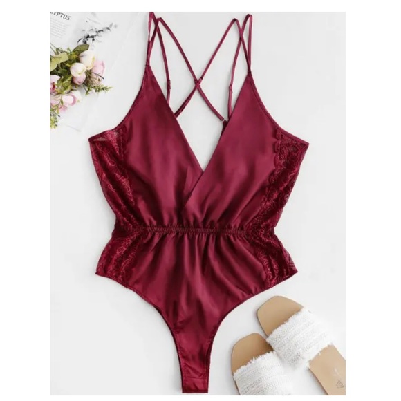 NWT Zaful Lace Insert Slip Criss Cross Bodysuit - Red Wine - Picture 3 of 11